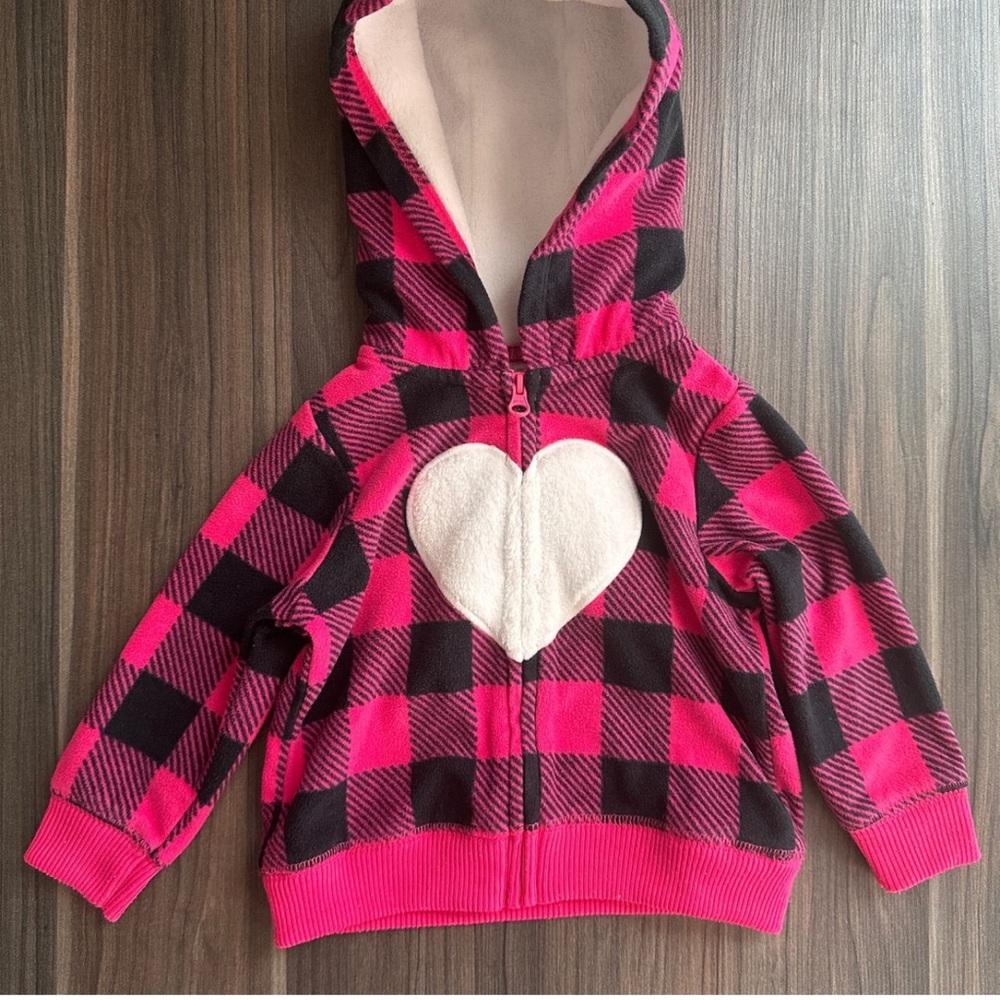 Carter’s pink and black Buffalo plaid fleece zip up hoodie 6 Months
